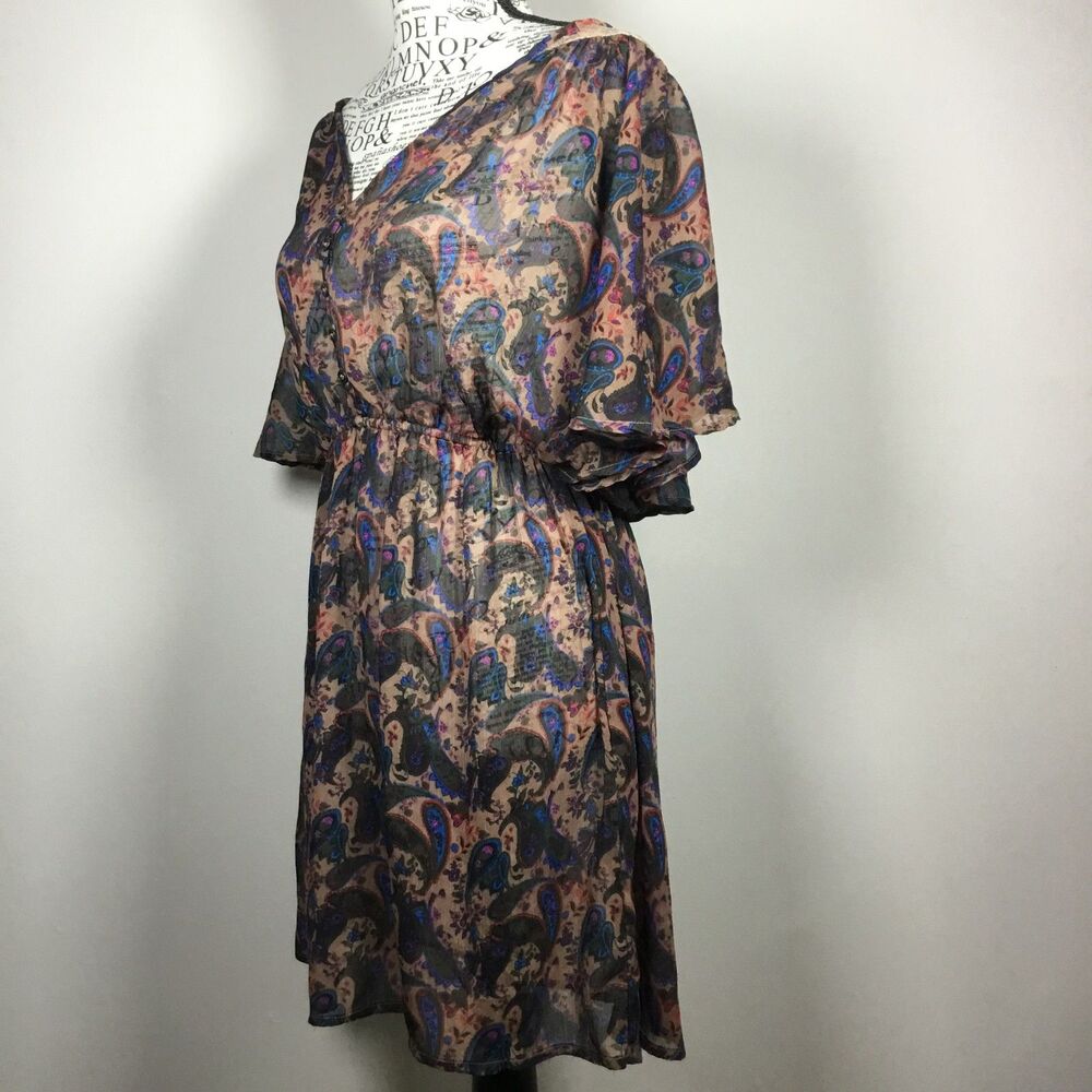 Sheer tunic dress coverup paisley pattern elastic waist ruffle sleeve lace L - Picture 2 of 5